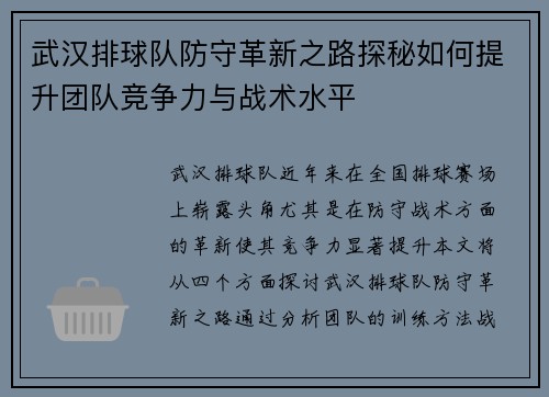武汉排球队防守革新之路探秘如何提升团队竞争力与战术水平